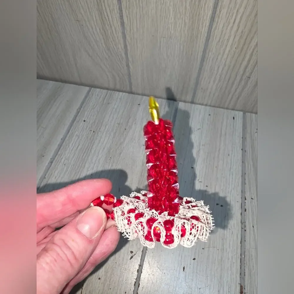 Vtg Handmade Plastic Beaded Candle Sticks & Candy Cane Christmas 3” Set of 3